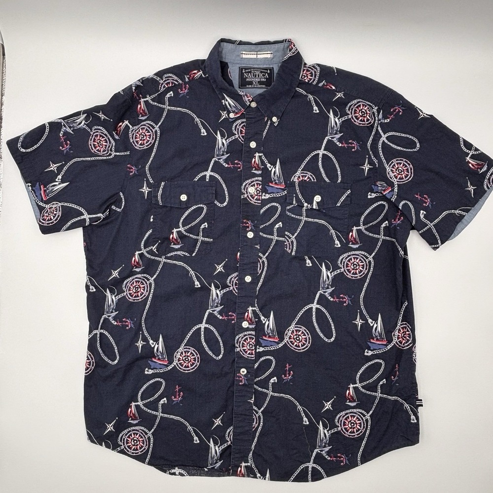 Nautica‎ XL Shirt Mens Navy Blue Sailboat Compass Anchor Nautical Print SS